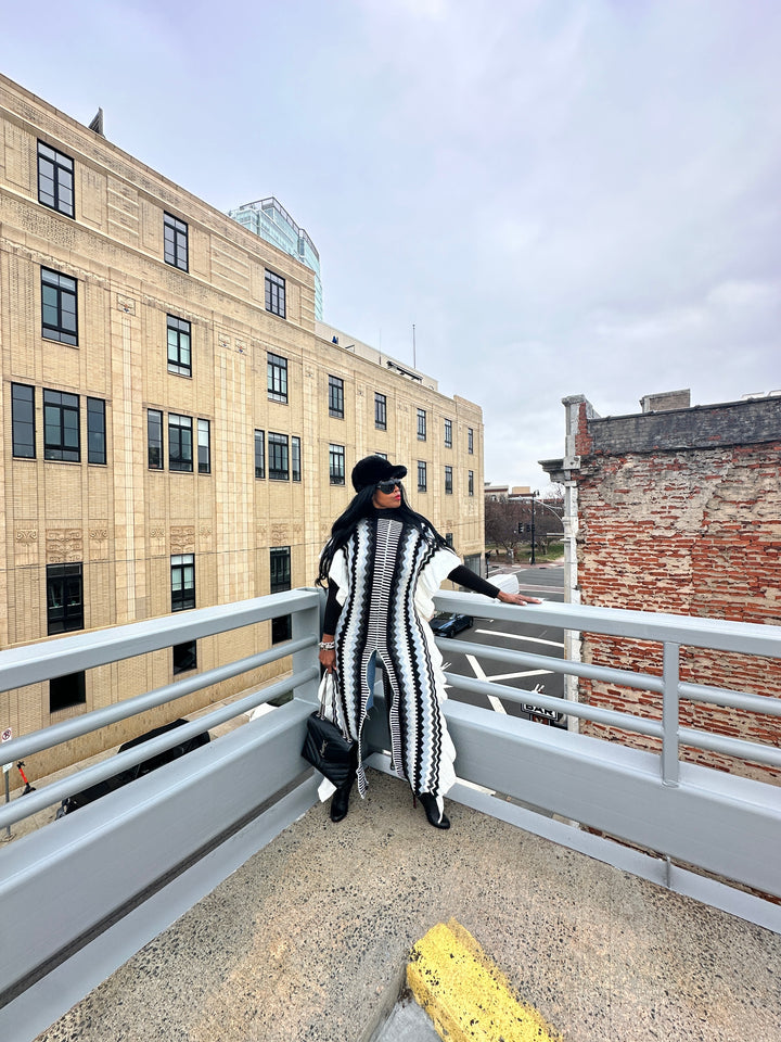 Rich Auntie Winter Chevron Ruffle Stripe Split Kimono - Black White Grey Blend Ships 1/30