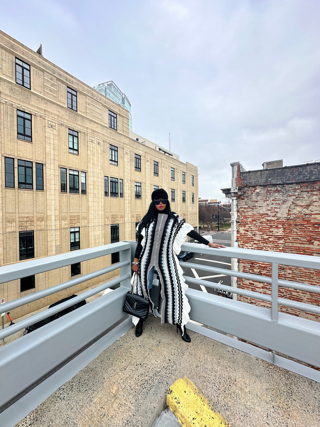 Rich Auntie Winter Chevron Ruffle Stripe Split Kimono - Black White Grey Blend Ships 1/30