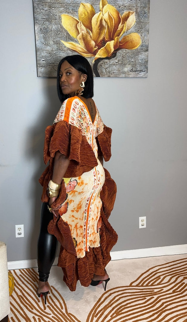 All the Drama Pleated Ruffled High Low Top/Dress - Orange Cream Emerald Green Blend