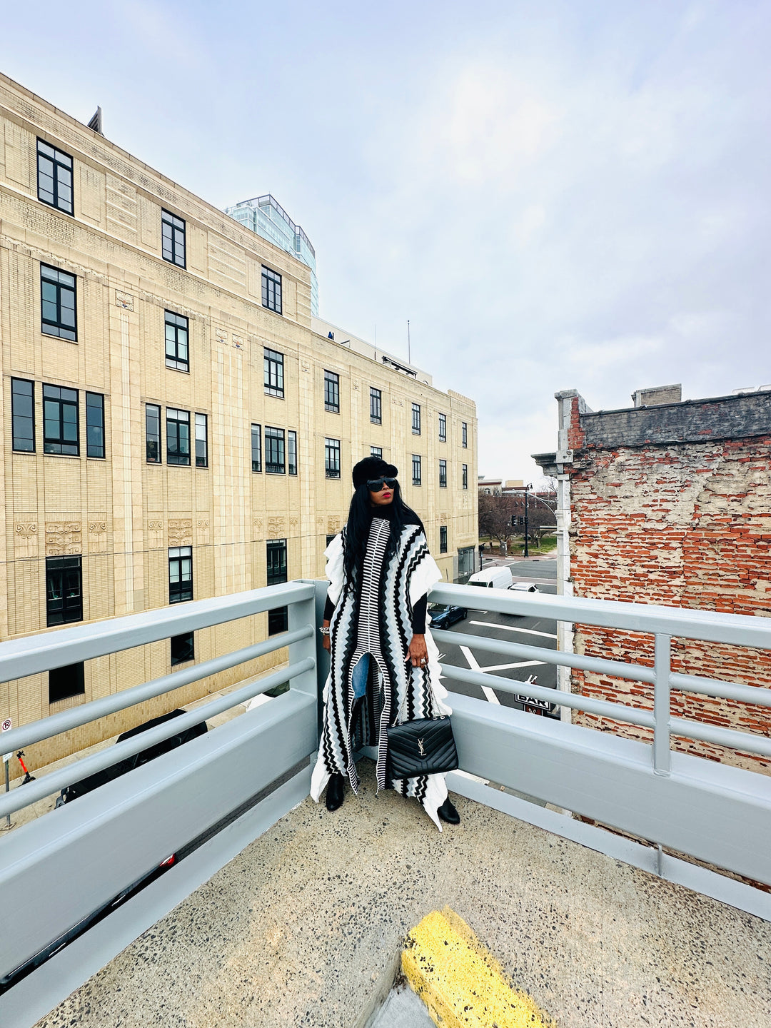 Rich Auntie Winter Chevron Ruffle Stripe Split Kimono - Black White Grey Blend Ships 1/30