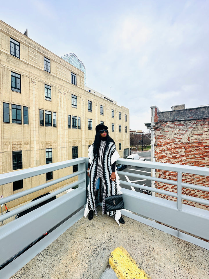 Rich Auntie Winter Chevron Ruffle Stripe Split Kimono - Black White Grey Blend Ships 1/30