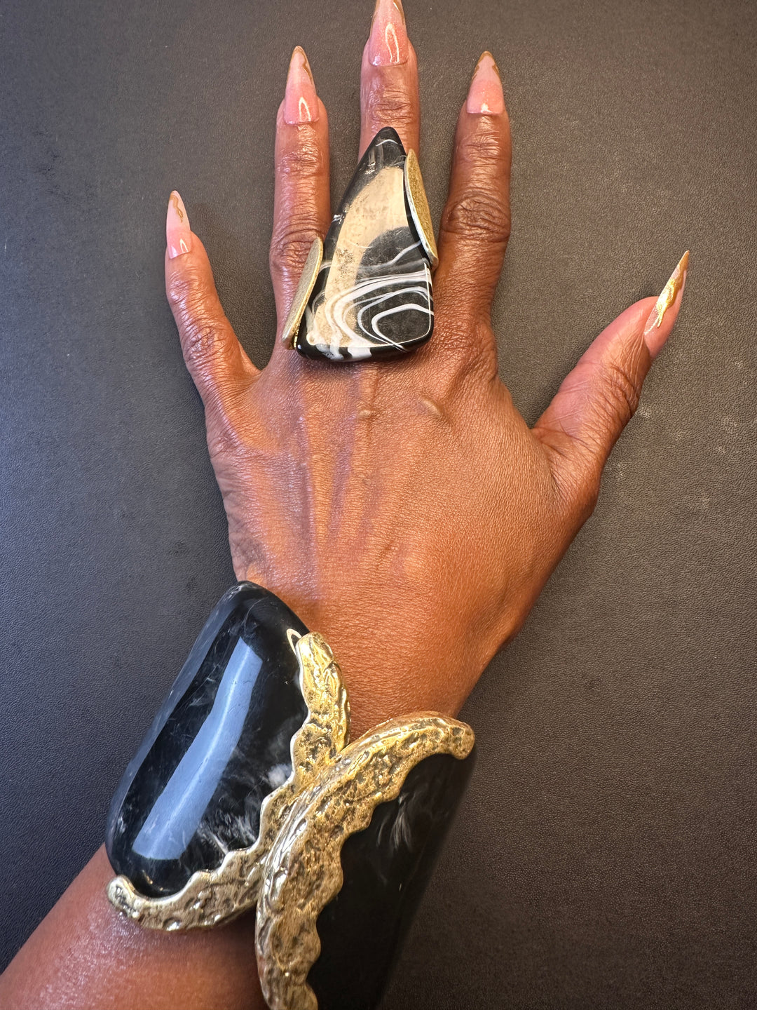Wide Bold Sculpted Hinged Bangle Clam  Bracelet - Black