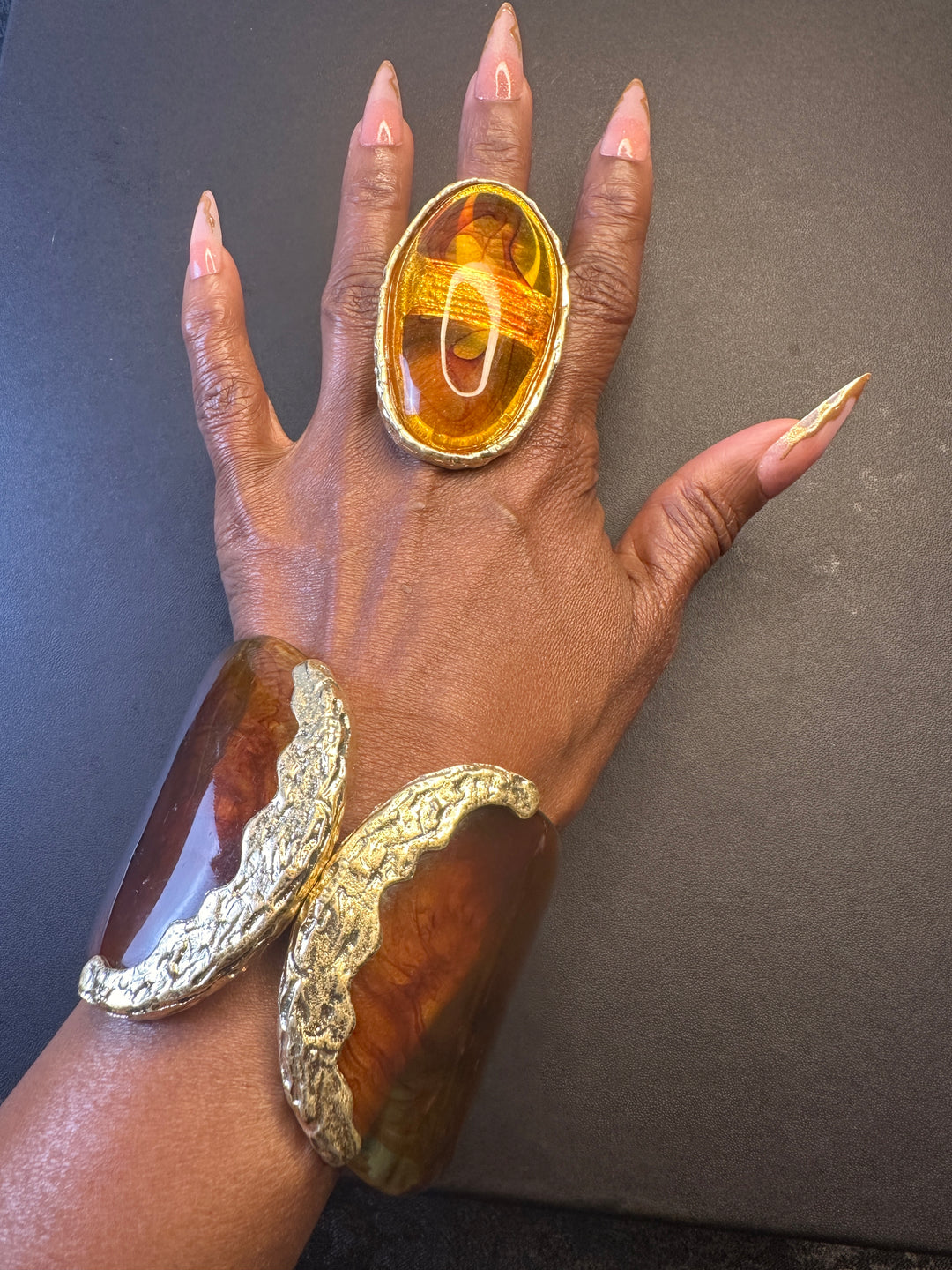 Wide Bold Sculpted Hinged Bangle Clam  Bracelet - Amber Topaz