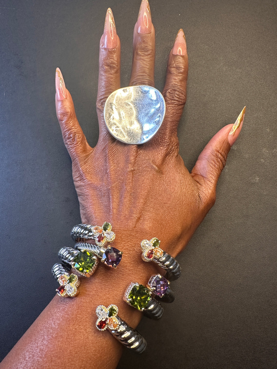 Oversized Silver Potato Chip Accent Stretch Ring