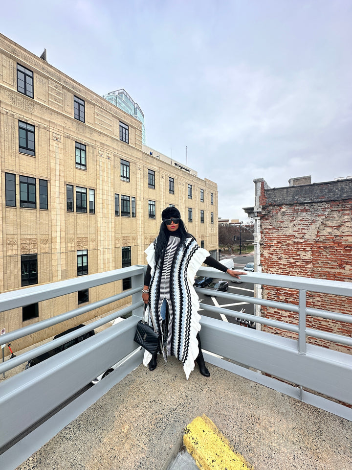 Rich Auntie Winter Chevron Ruffle Stripe Split Kimono - Black White Grey Blend Ships 1/30