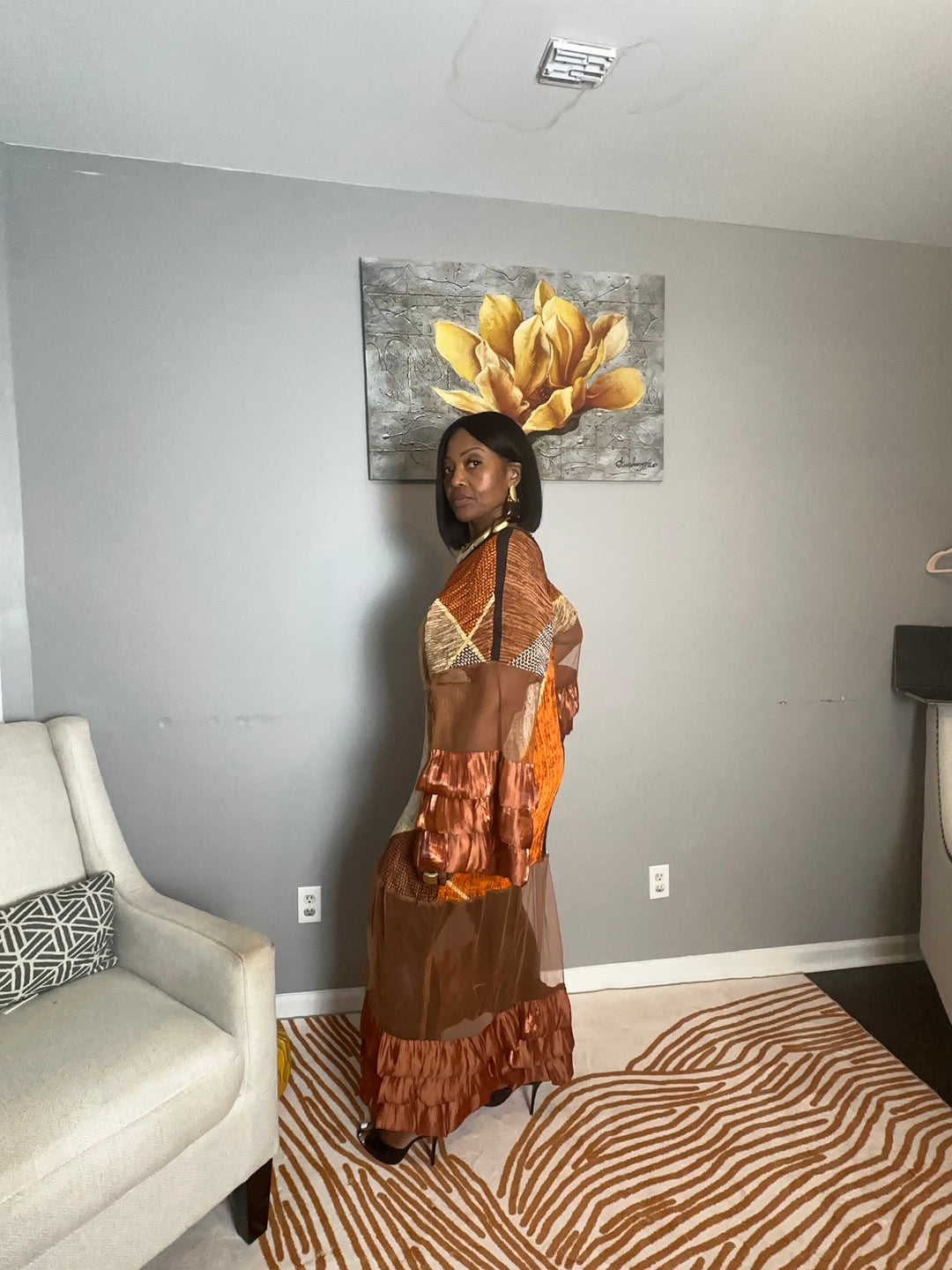 All the drama v neck maxi dress - chocolate brown orange copper blend