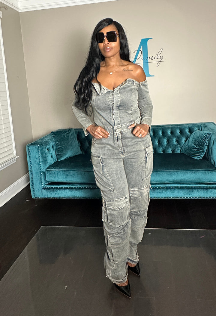 Denim Off The Shoulder Zipper Cargo Jumpsuit