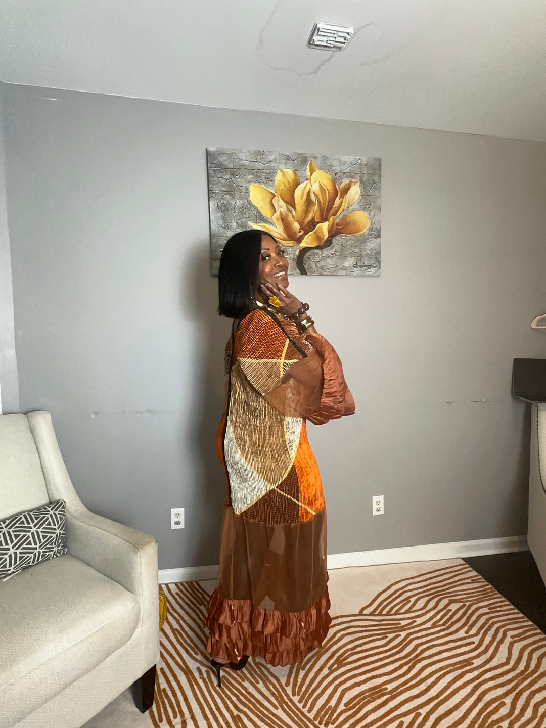 All the drama v neck maxi dress - chocolate brown orange copper blend