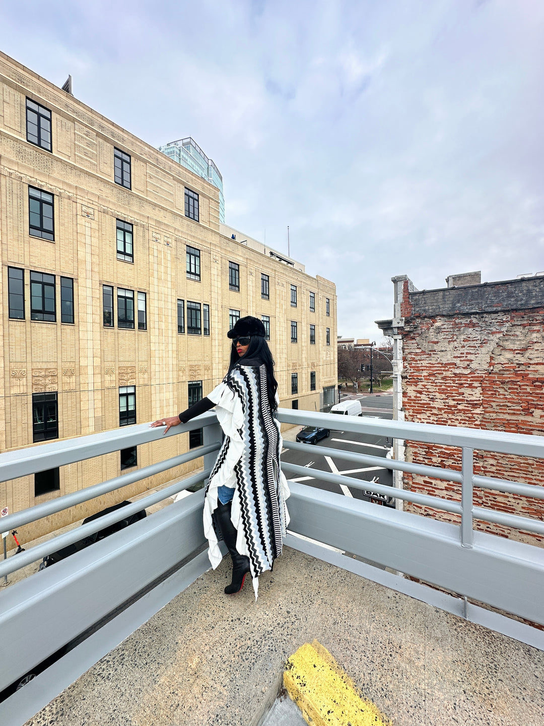 Rich Auntie Winter Chevron Ruffle Stripe Split Kimono - Black White Grey Blend Ships 1/30