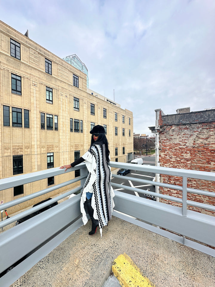 Rich Auntie Winter Chevron Ruffle Stripe Split Kimono - Black White Grey Blend Ships 1/30