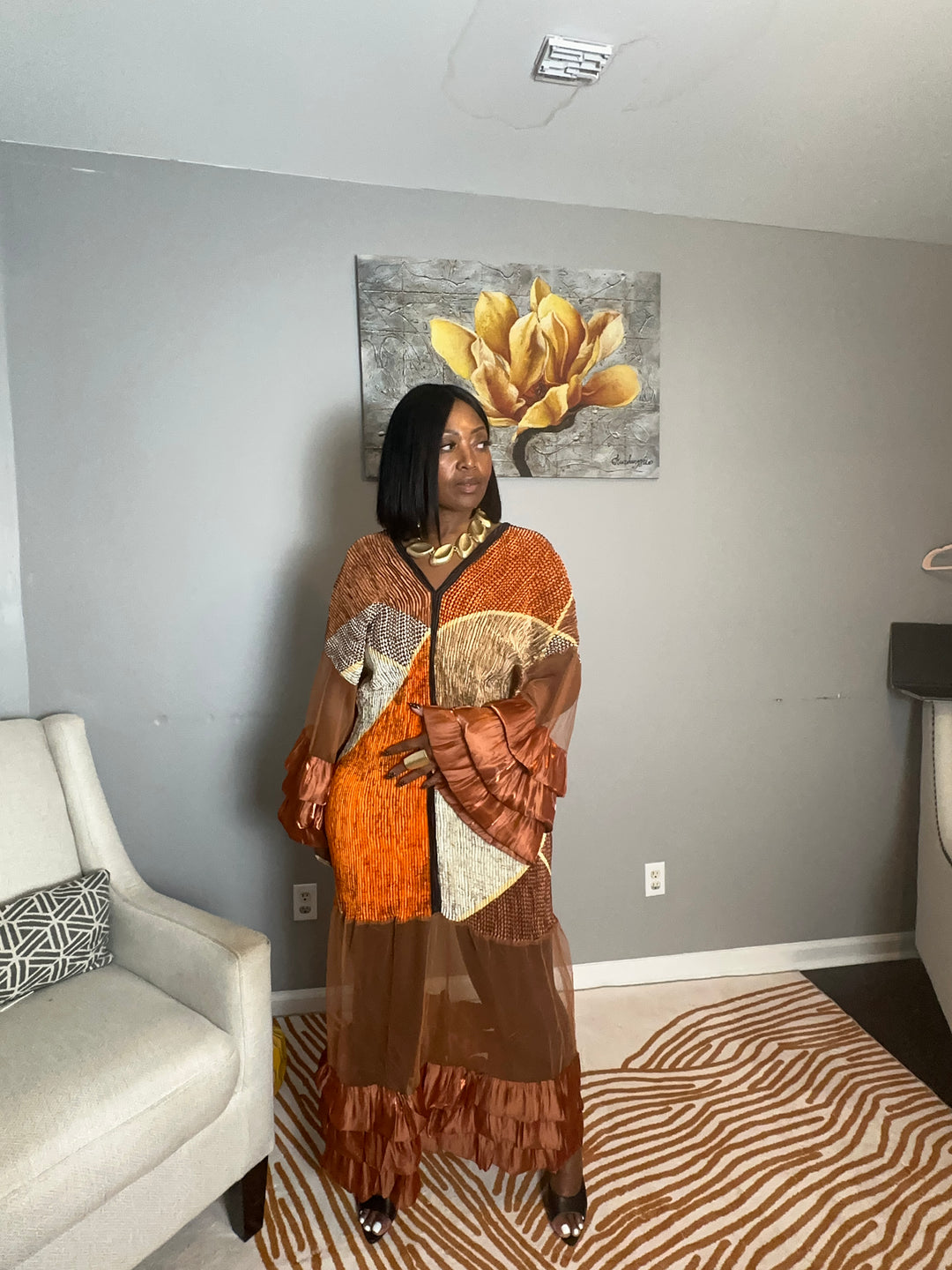 All the drama v neck maxi dress - chocolate brown orange copper blend