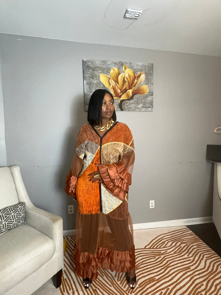 All the drama v neck maxi dress - chocolate brown orange copper blend