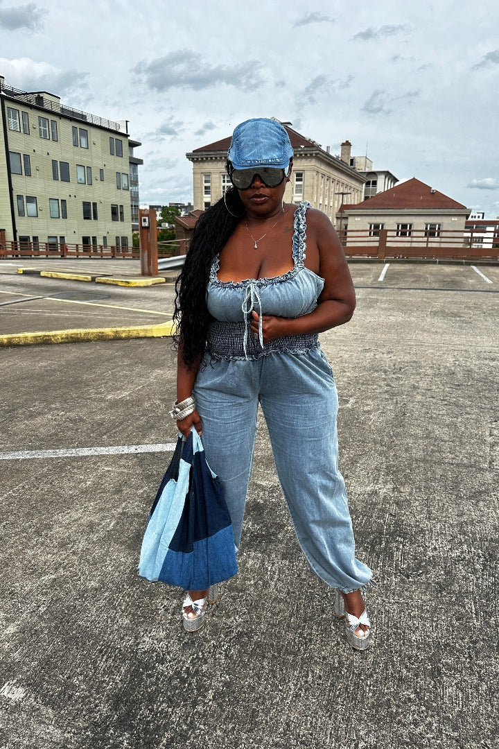 Denim Ruffle Shoulder Ruched Cargo Jumpsuit