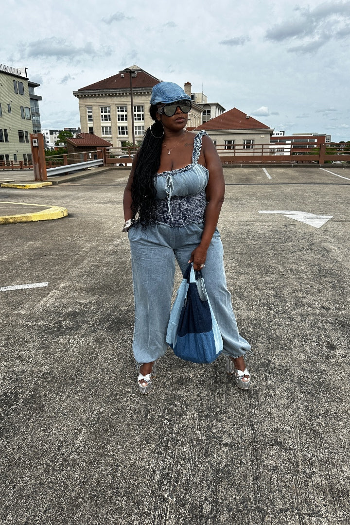 Denim Ruffle Shoulder Ruched Cargo Jumpsuit