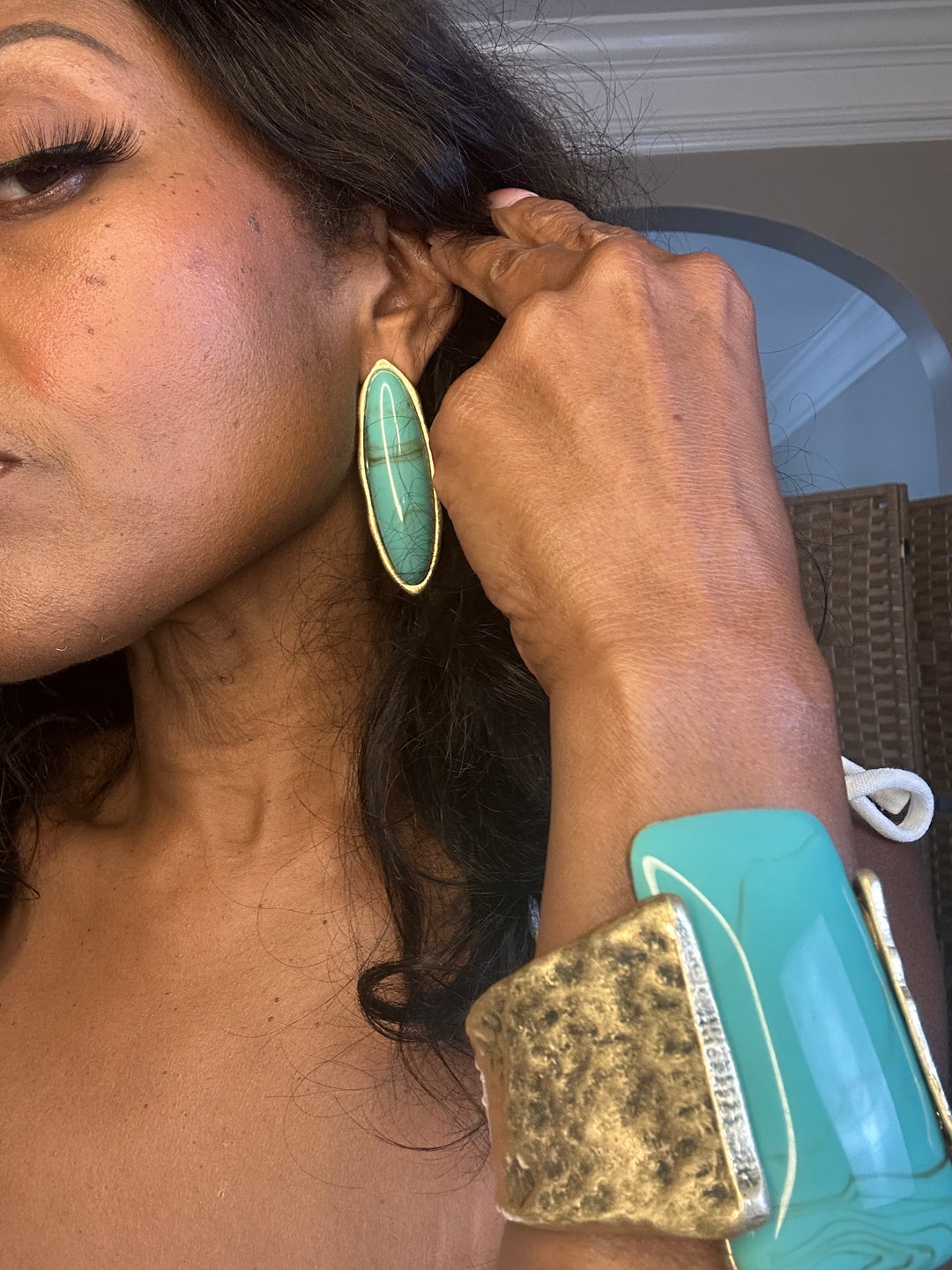 Oversized Bold Oval Drop Statement Earrings - Turquoise