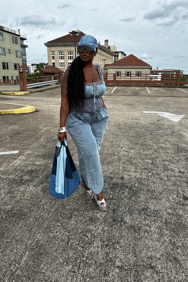 Denim Ruffle Shoulder Ruched Cargo Jumpsuit