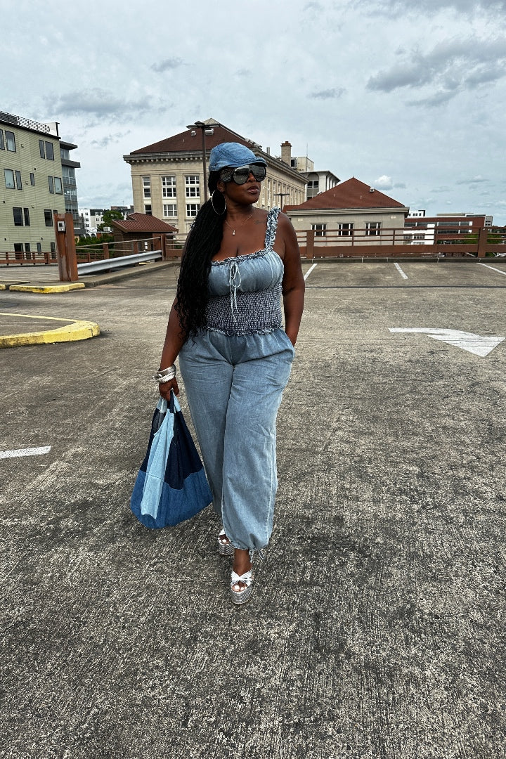 Denim Ruffle Shoulder Ruched Cargo Jumpsuit