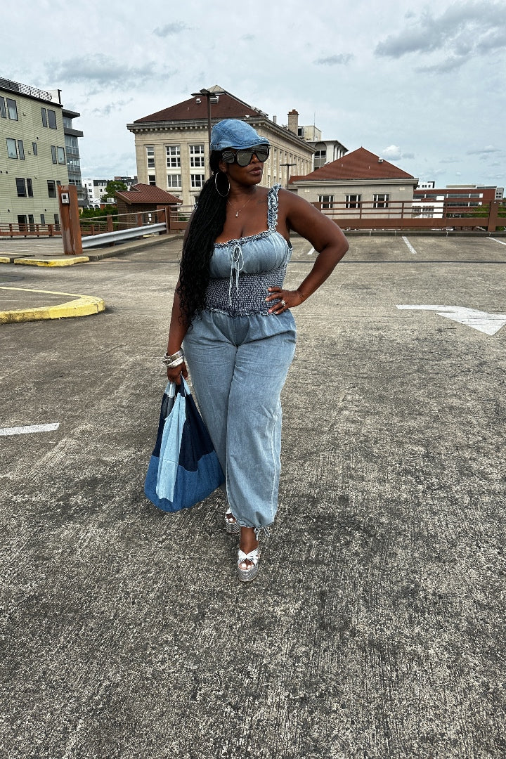 Denim Ruffle Shoulder Ruched Cargo Jumpsuit