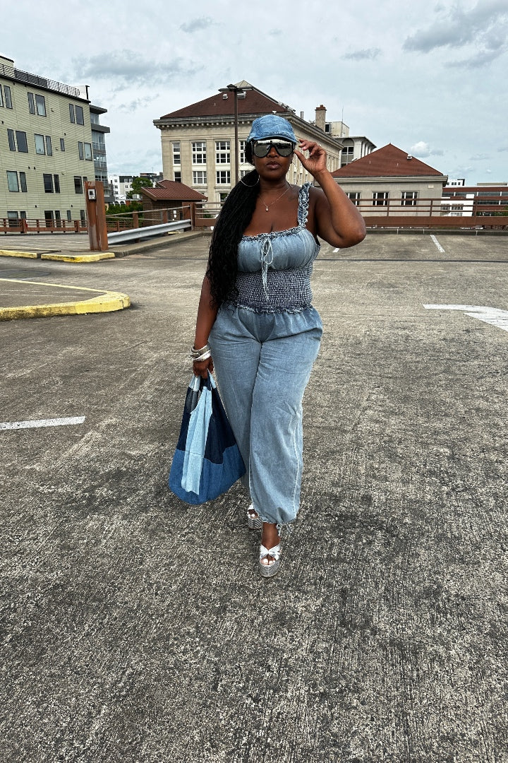 Denim Ruffle Shoulder Ruched Cargo Jumpsuit