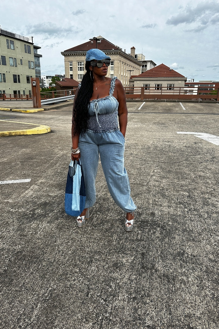 Denim Ruffle Shoulder Ruched Cargo Jumpsuit