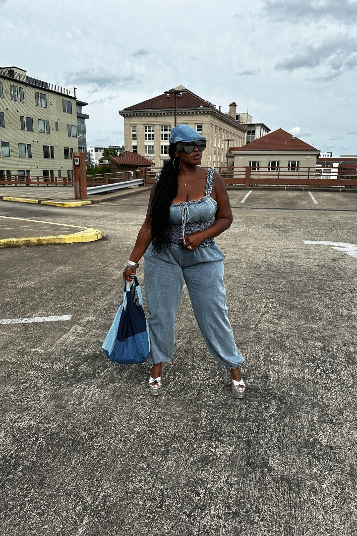 Denim Ruffle Shoulder Ruched Cargo Jumpsuit