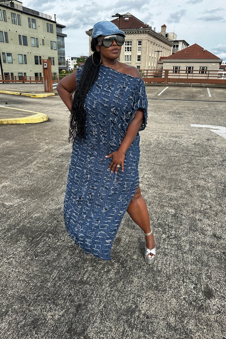 RESTOCKED Denim Distressed Maxi Dress - Dark Denim Blue Ships 10/25