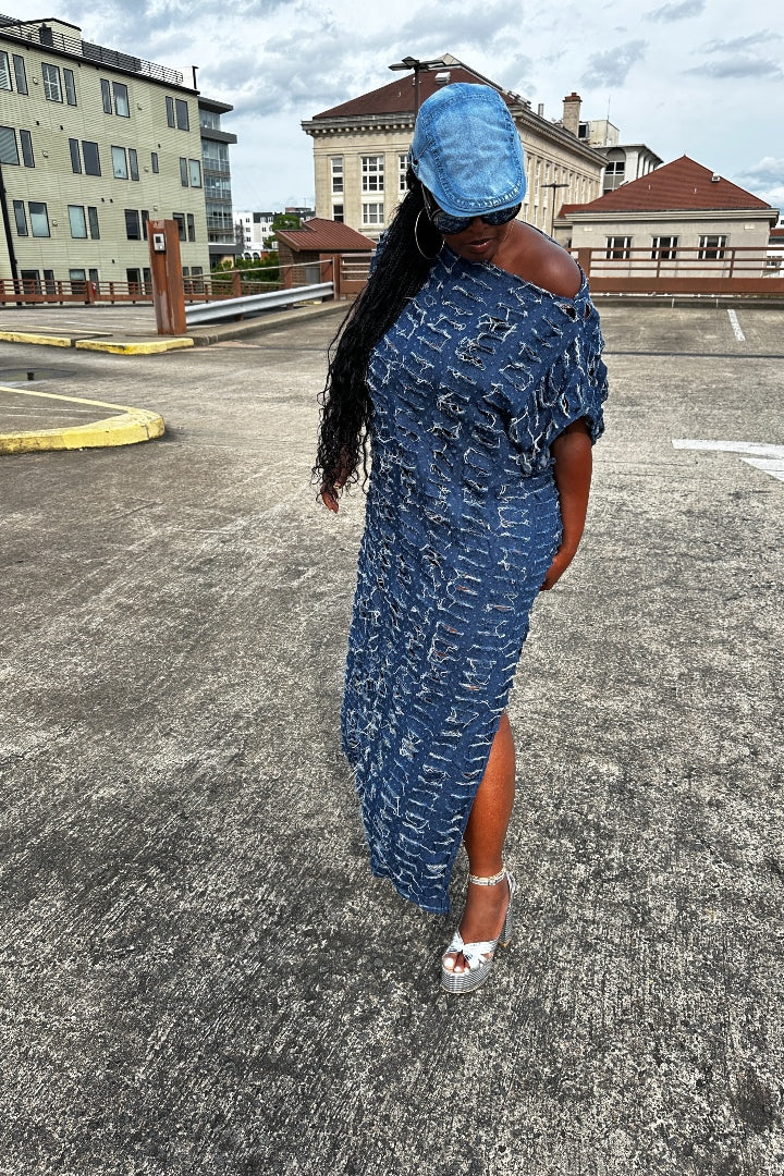 RESTOCKED Denim Distressed Maxi Dress - Dark Denim Blue Ships 10/25