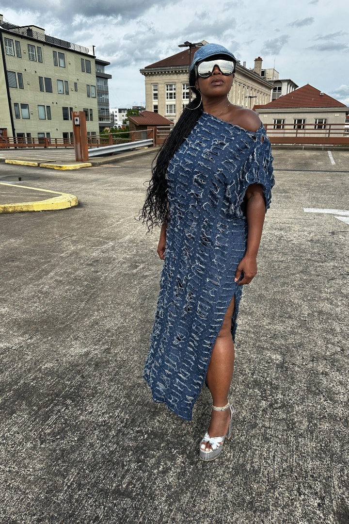 RESTOCKED Denim Distressed Maxi Dress - Dark Denim Blue Ships 10/25