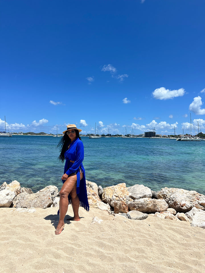 Vacation 2 piece Fringe Sarong Set - Royal Blue