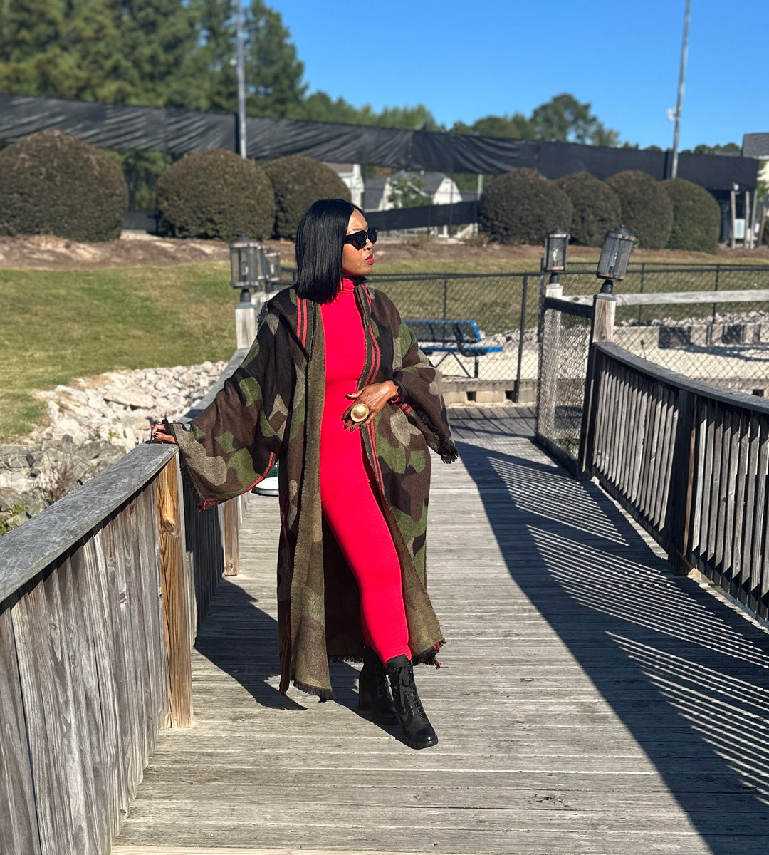 Hooded Camo Long Cardigan Coat with Red Trim