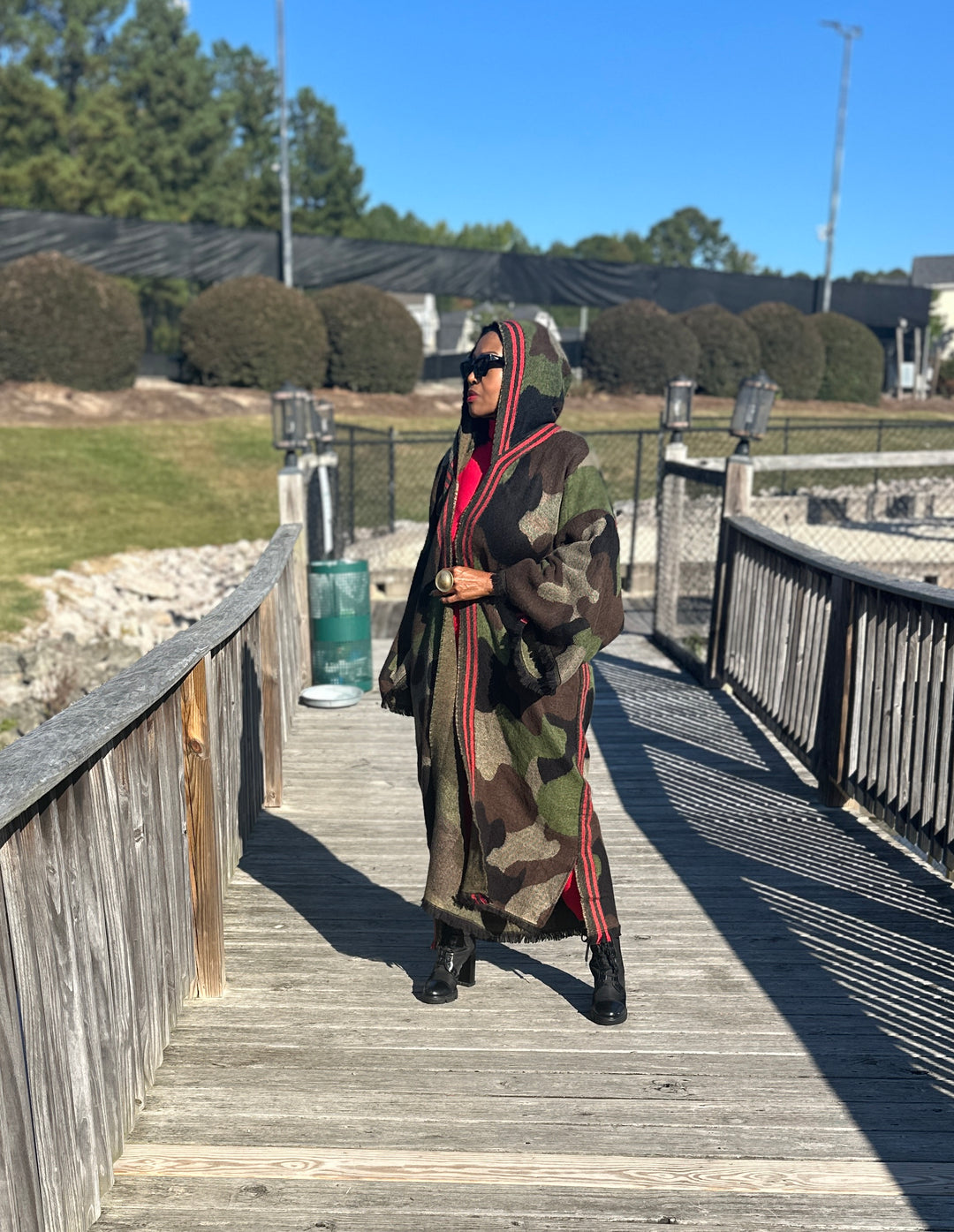 Hooded Camo Long Cardigan Coat with Red Trim