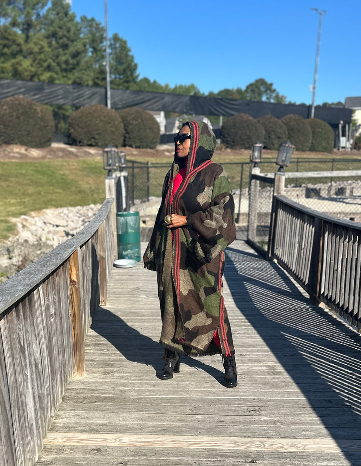 Hooded Camo Long Cardigan Coat with Red Trim