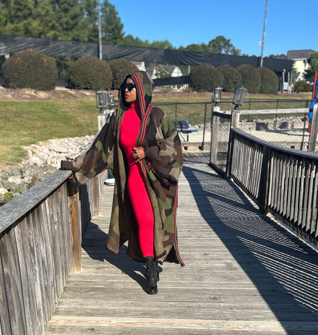 Hooded Camo Long Cardigan Coat with Red Trim