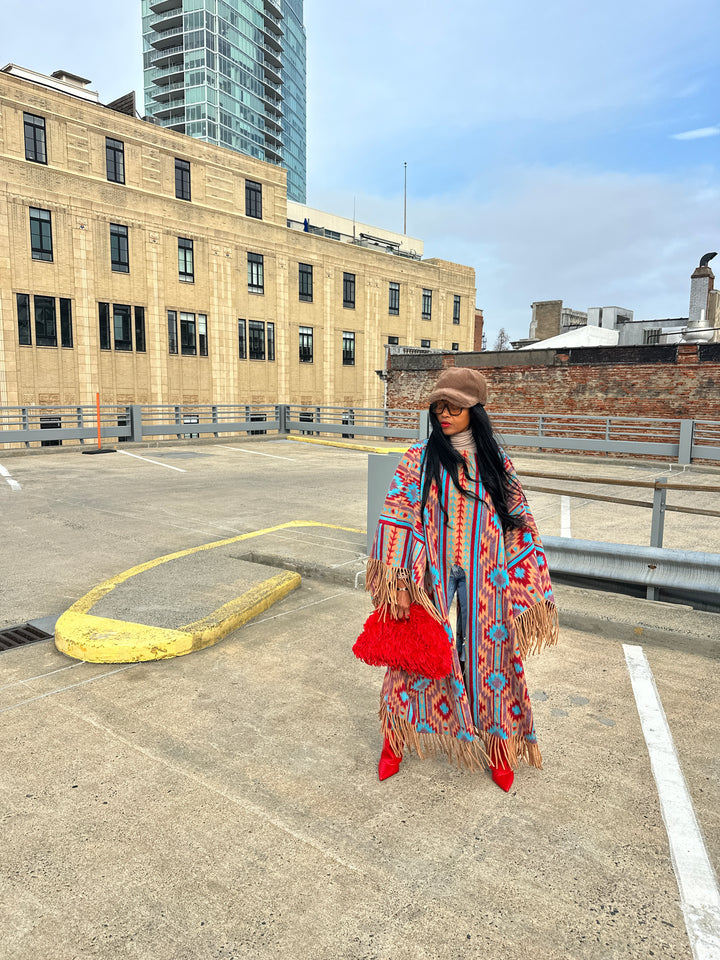 Rich Auntie Winter Fashion Split Kimono - Tan Turquoise Red Blend Ships 1/30