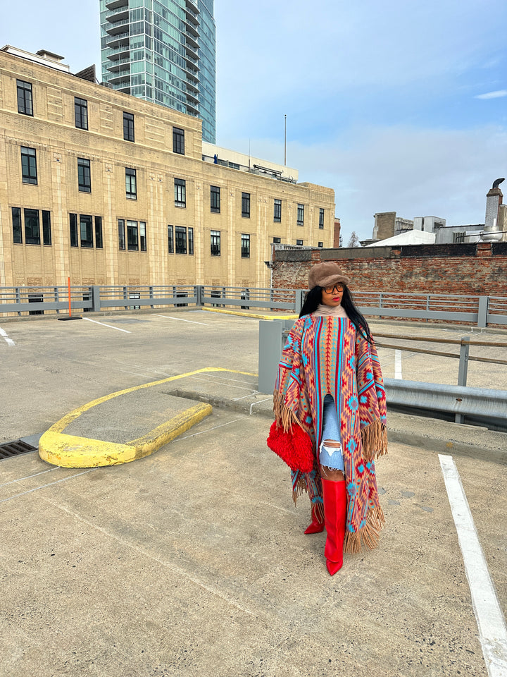 Rich Auntie Winter Fashion Split Kimono - Tan Turquoise Red Blend Ships 1/30