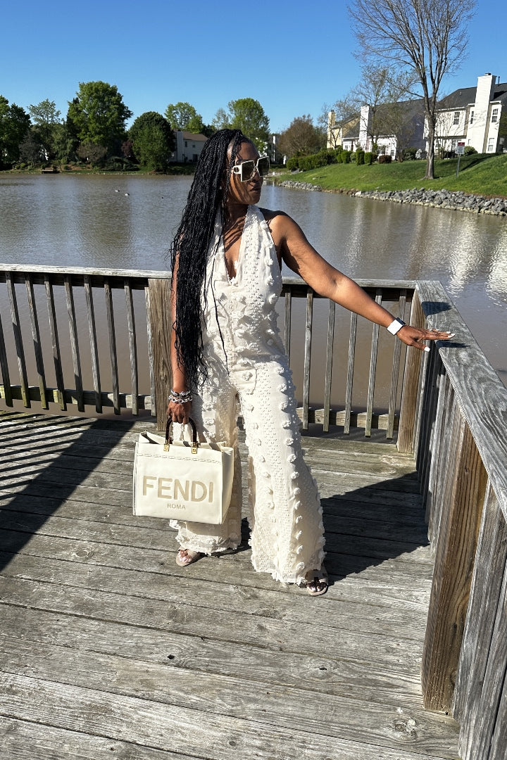 Feels Like Summer Open Back Embellished Jumpsuit - Cream