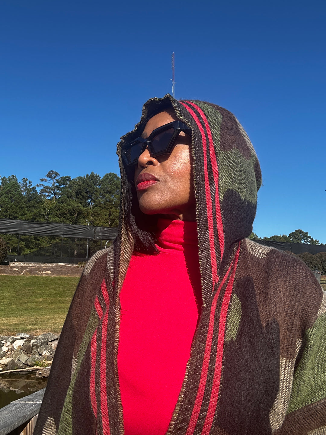 Hooded Camo Long Cardigan Coat with Red Trim
