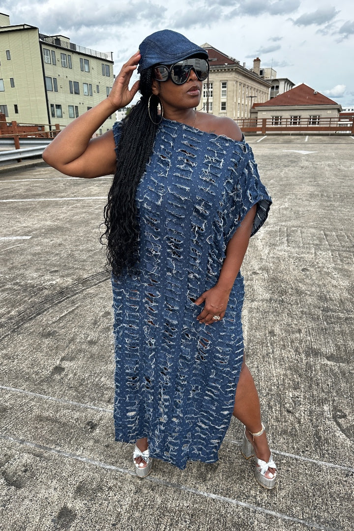 RESTOCKED Denim Distressed Maxi Dress - Dark Denim Blue Ships 3/24