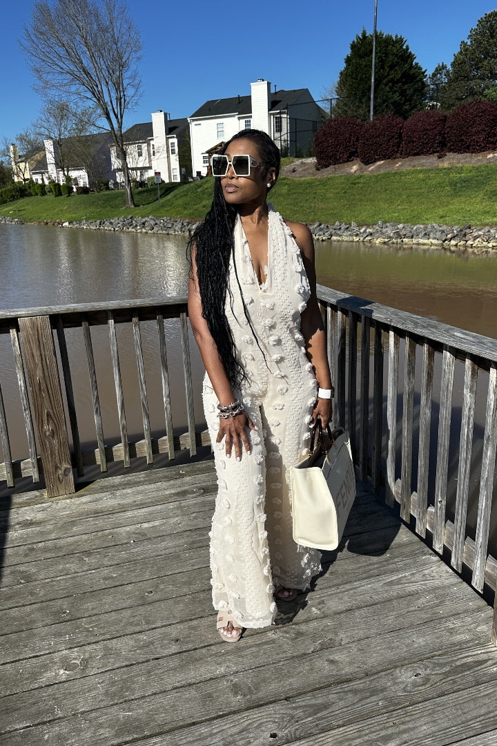 Feels Like Summer Open Back Embellished Jumpsuit - Cream
