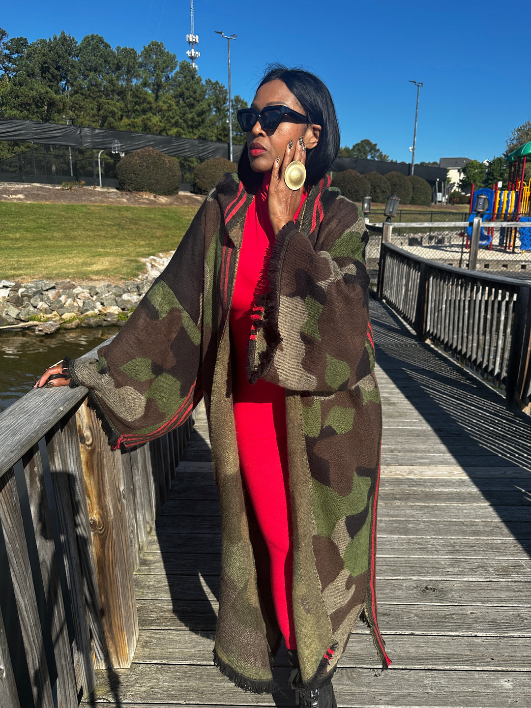Hooded Camo Long Cardigan Coat with Red Trim