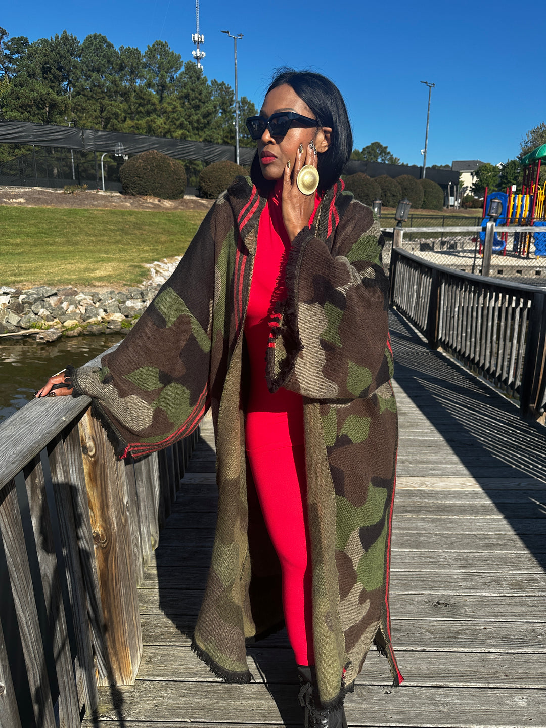 Hooded Camo Long Cardigan Coat with Red Trim