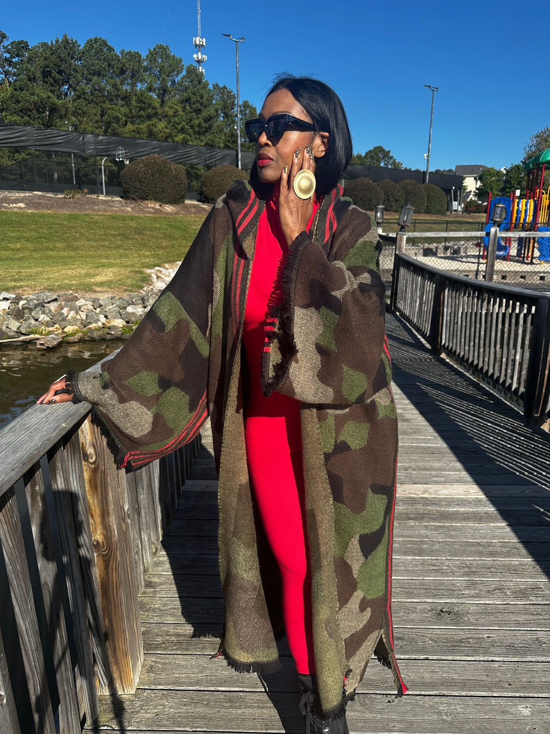 Hooded Camo Long Cardigan Coat with Red Trim