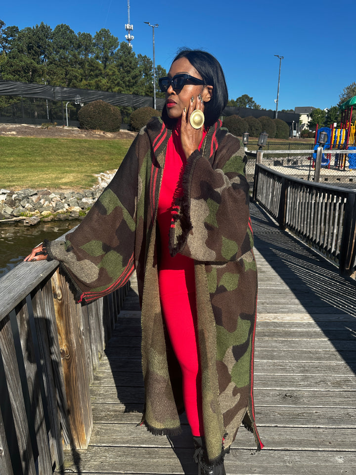 Hooded Camo Long Cardigan Coat with Red Trim