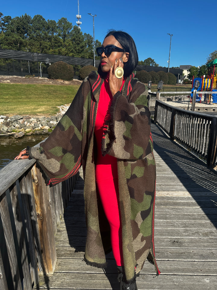 Hooded Camo Long Cardigan Coat with Red Trim