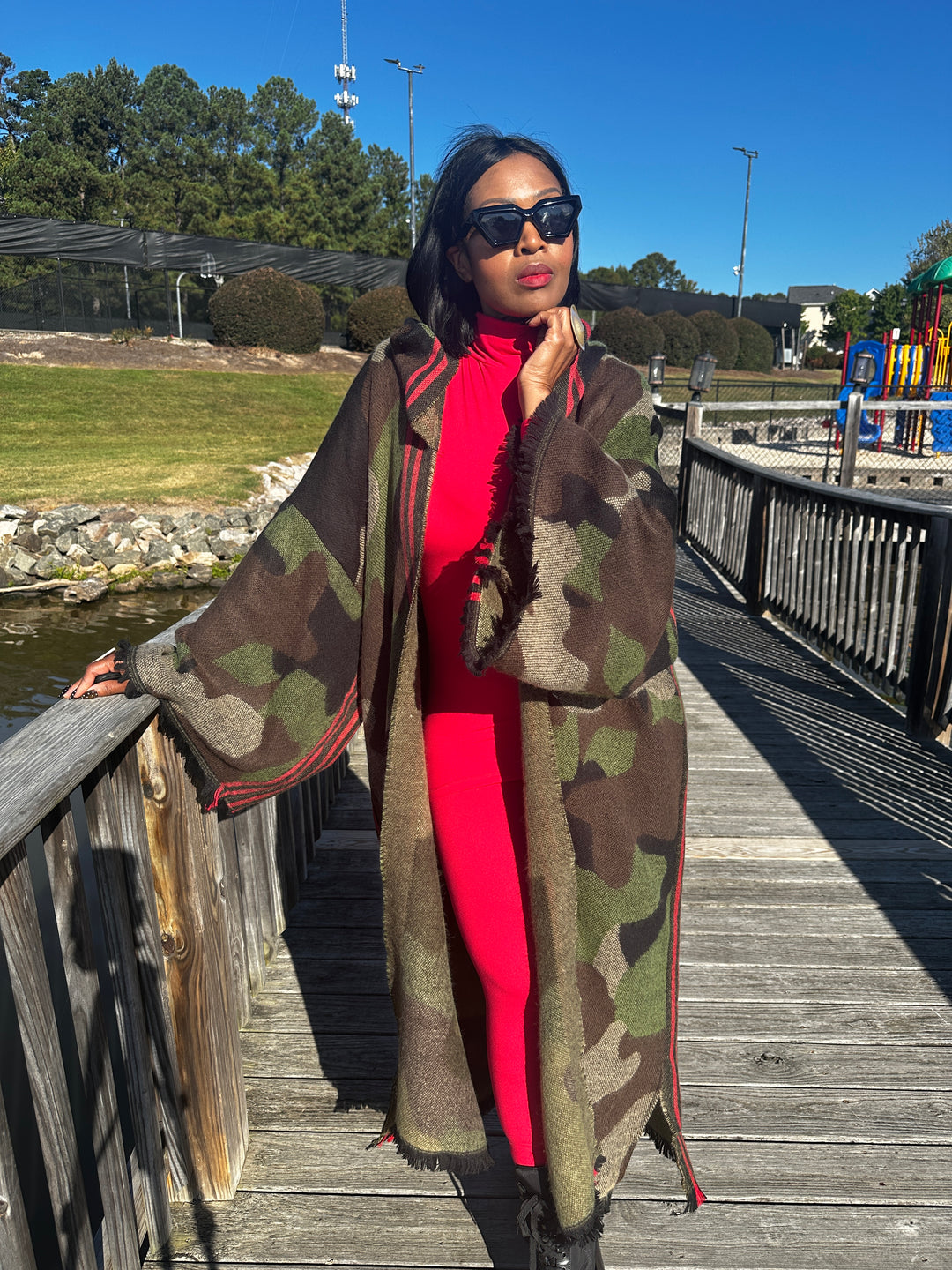 Hooded Camo Long Cardigan Coat with Red Trim
