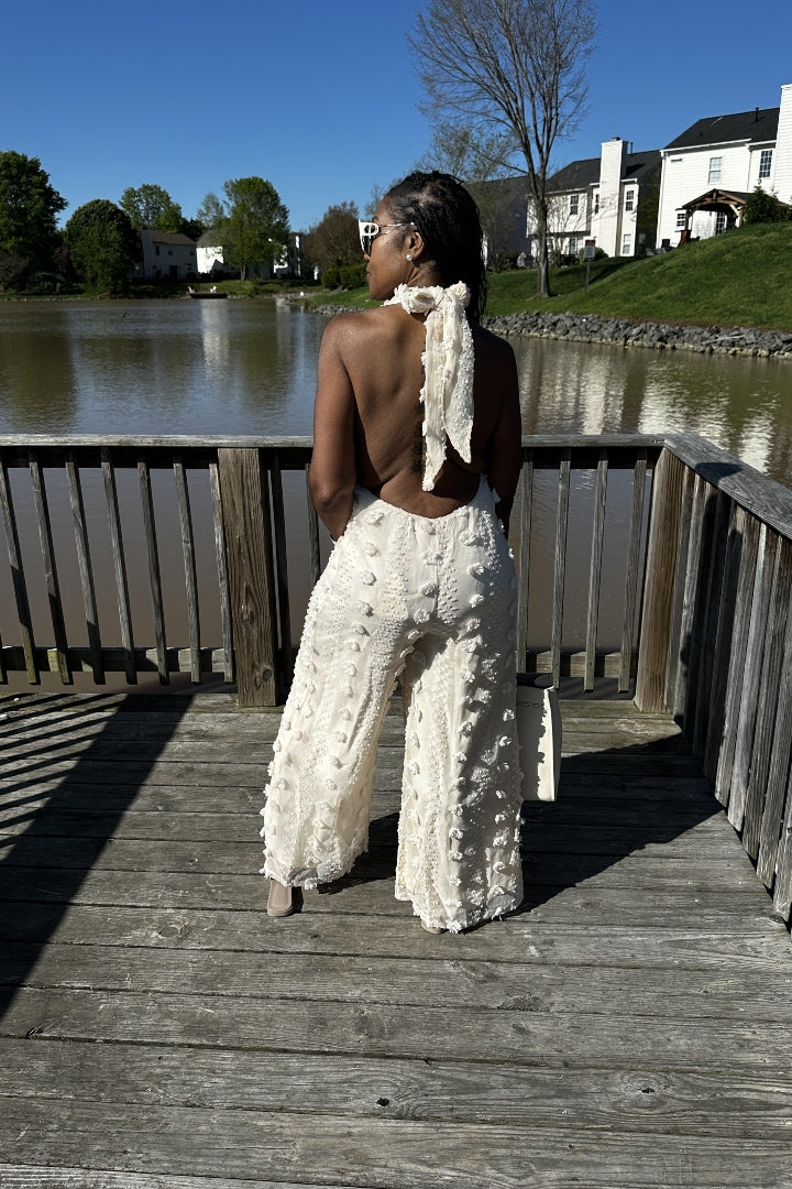Feels Like Summer Open Back Embellished Jumpsuit - Cream