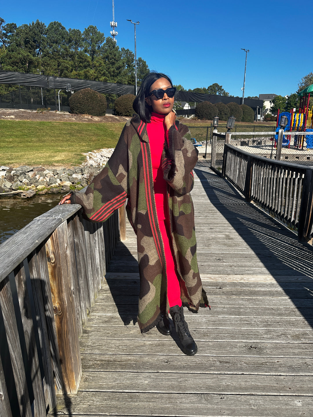 Hooded Camo Long Cardigan Coat with Red Trim