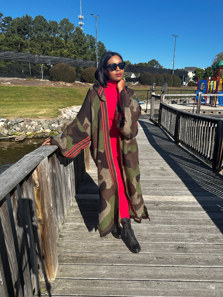 Hooded Camo Long Cardigan Coat with Red Trim