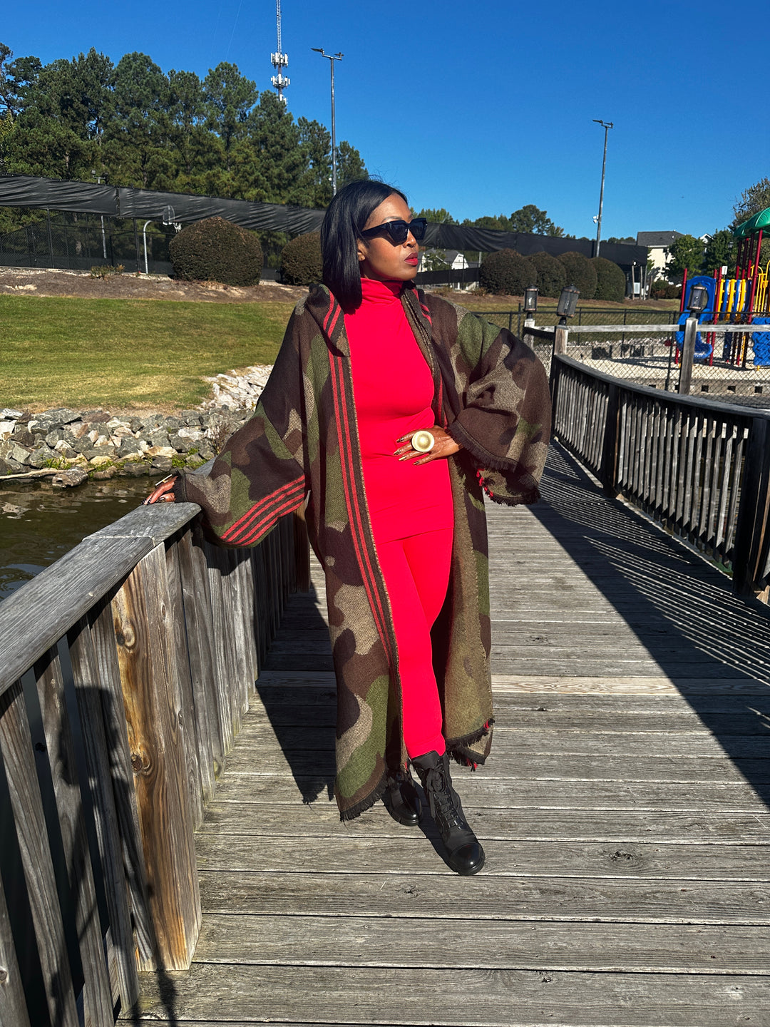Hooded Camo Long Cardigan Coat with Red Trim