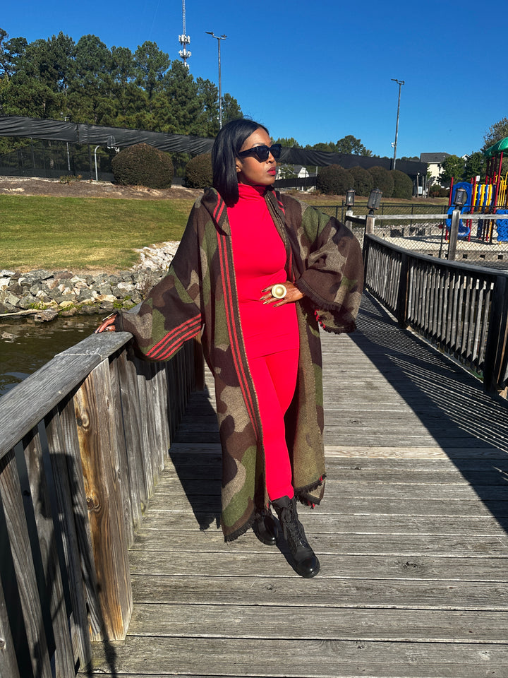 Hooded Camo Long Cardigan Coat with Red Trim
